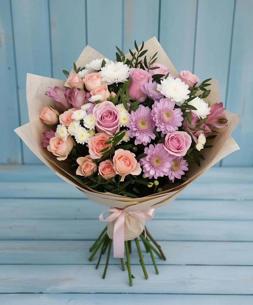 Букет цветов из: Хризантемы, Розы и Альстромерии в Зуевке