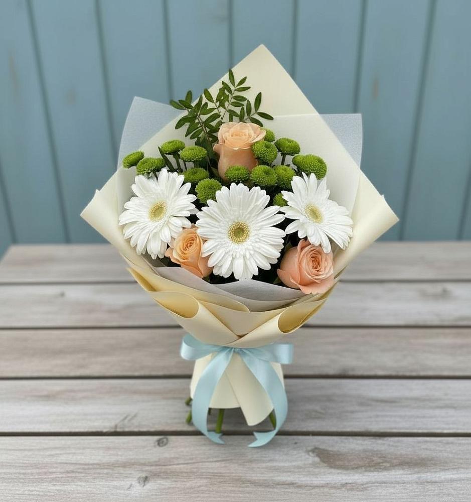 Букет цветов из: Герберы, Розы и Хризантемы в Зуевке