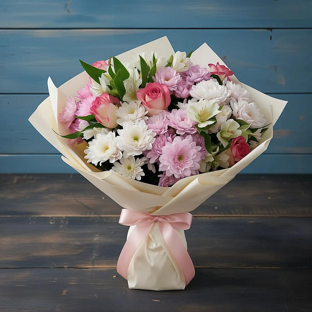 Букет цветов из: Хризантемы, Альстромерии и Розы в Зуевке